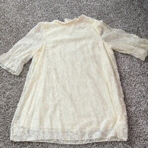 SHEIN Cream Floral Lace Dress with Sheer Sleeves